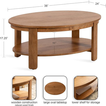 Kate and Laurel Foxford Modern Tiered Oval Coffee Table; 38 x 24 x 18; Natural Brown; Transitional Two-Tier Living Room Table with Storage and Resilient Wood Construction