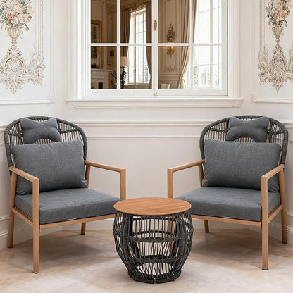 DAYRAUS Living Room Chairs, Accent Chairs Set of 2 with Coffee Table, Rattan Braid Arm Chair, Comfy Reading Lounge Chair, 3 Pieces Living Room Furniture Sets, Bedroom Armchair for Outdoor, Dark Gray