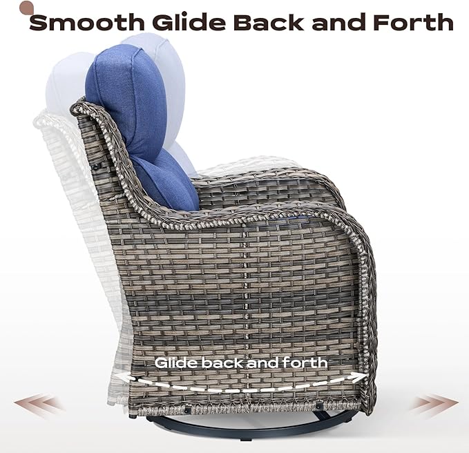 Rilyson Wicker Outdoor Patio Furniture Set - 5 Piece Patio Conversation Sets with Swivel Rocker Chairs, Ottomans and Side Table, 6 inch Cushions, Waterproof Wicker, for Porch Deck Mixed Grey/Blue