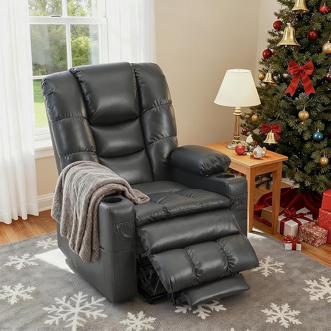 MCombo Large Triple Motor Power Lift Recliner Chair with Massage and Dual Heating, Adjustable Headrest for Tall Elderly People, Faux Leather 7634 (Dark Grey, Large)