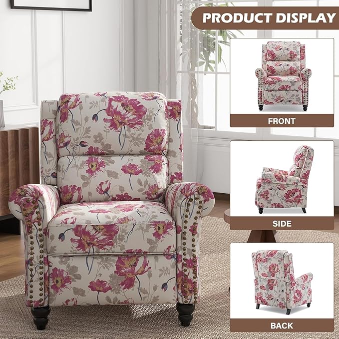 UIXE Floral Pushback Recliner Chairs Set of 2, Fabric Overstuffed Armchair Push Back Accent Chair for Living Room, Rivet Trim Club Chair Home Theater Single Sofa Bedroom Reading Seat