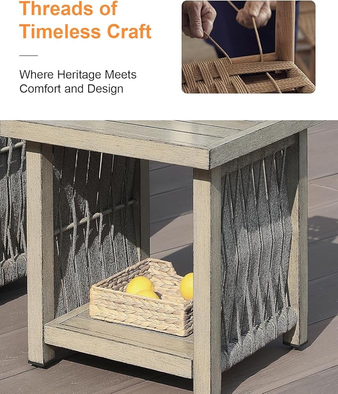 Outdoor Side Table, Aluminum Square Patio Side Table, 2-Tier Rope Weave Outdoor End Table with Adjustable Legs, Outside Furniture Patio Table for Garden, Pool, Balcony, Decks, Gray Oak