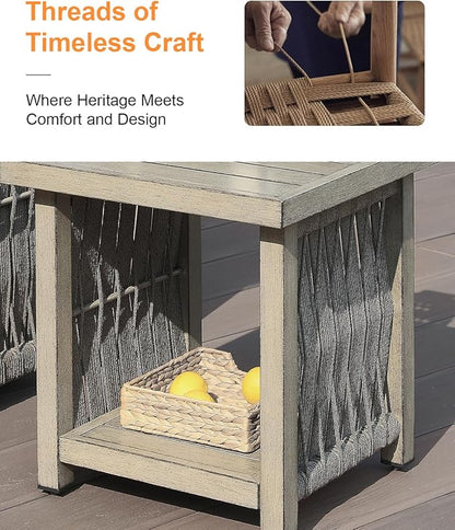 Outdoor Side Table, Aluminum Square Patio Side Table, 2-Tier Rope Weave Outdoor End Table with Adjustable Legs, Outside Furniture Patio Table for Garden, Pool, Balcony, Decks, Gray Oak