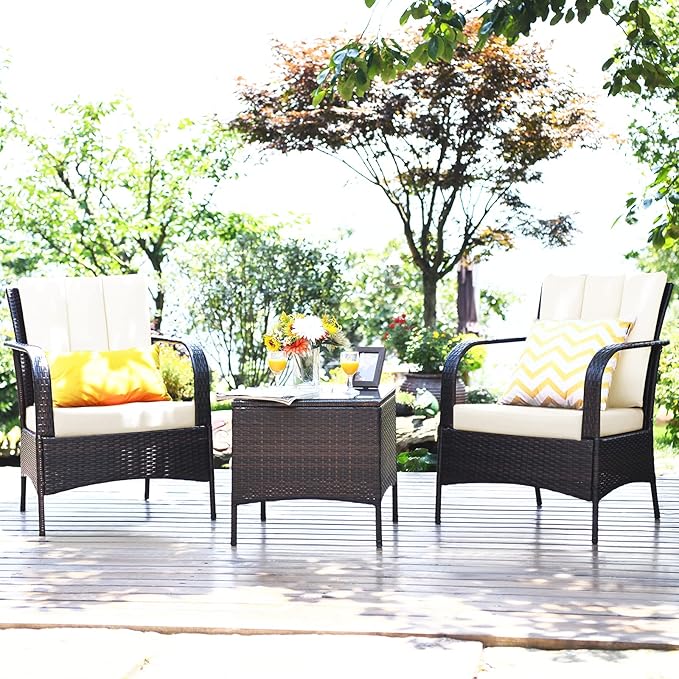 COSTWAY 3 Pieces Patio Rattan Furniture Set, Outdoor Conversation Chair Set with Coffee Table & 2 Cushions for Backyard, Porch, Poolside, Lawn, Garden, White