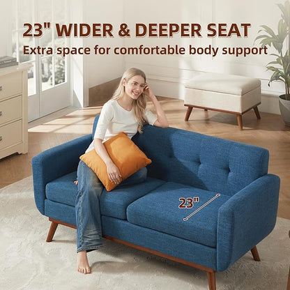 Tbfit Loveseat Sofa, 65" W Mid Century Modern Love Seat Small Loveseat for Bedroom, Button Tufted Upholstered Small Couch Sofa for Living Room, Blue