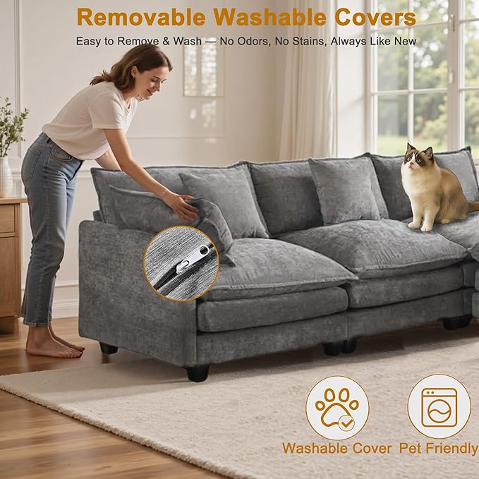 111.4" L-Shaped Cloud Chenille Sectional with Reversible Chaise, Flexible 3+1 Layout for Large Spaces, Deep Seat and Free Pillows Included