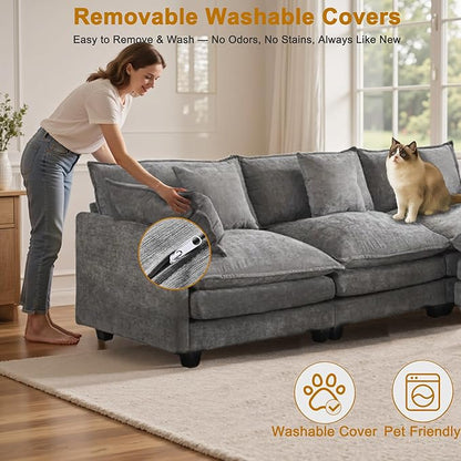 U-Shaped Cloud Chenille Sectional with 2 Ottomans, 146" Modular Sofa for Large Spaces, Ultimate Comfort with Deep Seats & Pillows, Solid Frame, 1YR Warranty