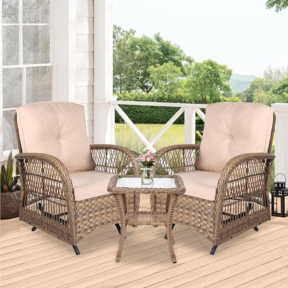 VIVIJASON 3-Piece Patio Wicker Conversation Bistro Set, Outdoor Rattan Glider Rocking Chairs, Wicker Rattan Furniture Set w/ 2 Rocking Chairs and Glass Top Side Table for Porch Backyard, Light Brown