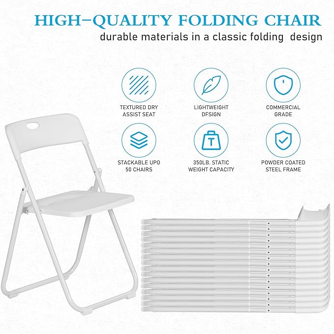10 Pack White Plastic Folding Chairs, Indoor Outdoor Portable Stackable Commercial Seats with Steel Frame for Home Office Wedding Party Events Kitchen Dining, 350lb Capacity