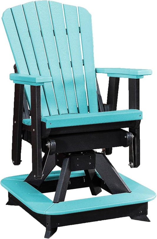 DutchCrafters Slat Fan Back Poly Balcony Adirondack Swivel Glider with Footrest Outdoor Patio Chair (Black & Aruba Blue)