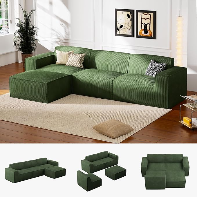 Marsail Modular Sectional Sofa, 111" L-Shaped Cloud Boneless Sectional Couch with Deep Seat, Freely Combinable Modern Sofa for Living Room, No Assembly, Plush Corduroy Fabric, Green