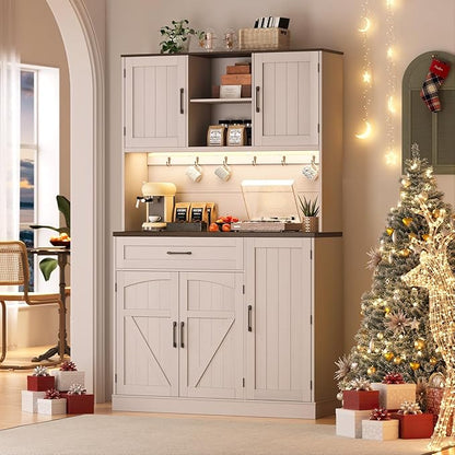 ONBRILL 71" Pantry Cabinet, Kitchen Pantry Storage Cabinet with LED Light & Outlet, Kitchen Hutch with Microwave Shelf & 6 Hook, Door Shelf & Drawer & Adjustable Shelf, Dining Room, Off White+Walnut