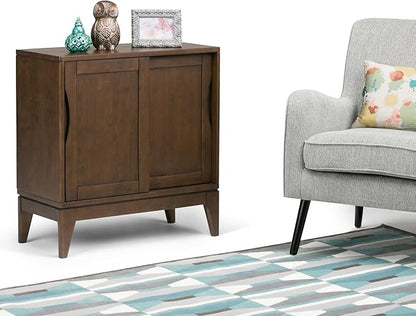SIMPLIHOME Harper SOLID WOOD 30 inch Wide Mid Century Modern Low Storage Cabinet in Walnut Brown, with Large Space Behind 2 Sliding Notched Handle Doors with 2 Adjustable Shelves