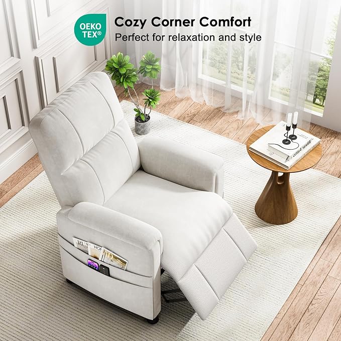 Amada Power Recliner Chair for Adults, Chenille Electric Reclining Chair for Small Spaces with Remote & Side Pockets, Thick Seat Cushion for Home Theater, RV, Living Room & Bedroom (Chenille White)