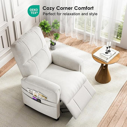 Amada Power Recliner Chair for Adults, Chenille Electric Reclining Chair for Small Spaces with Remote & Side Pockets, Thick Seat Cushion for Home Theater, RV, Living Room & Bedroom (Chenille White)