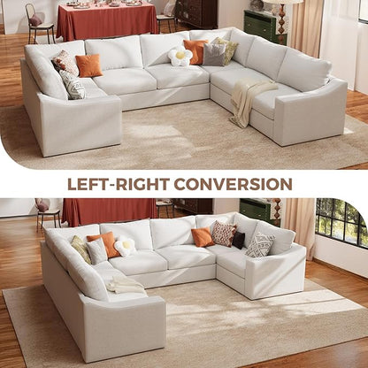 ABCASA U Shaped Sectional Sofa with Detachable Cover, Modular Couch for Living Room, Breathable Linen Fabric Corner Couch with 9 Seats, Ivory