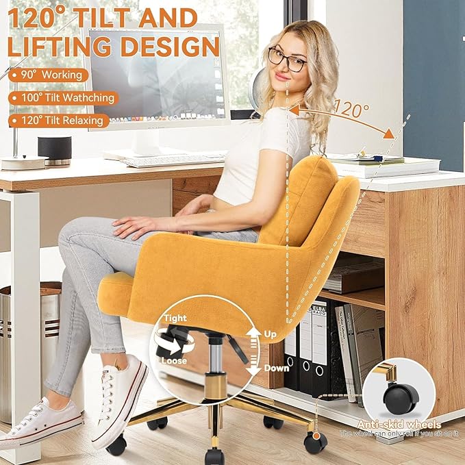 Velvet Office Chair, Comfy Home Office Desk Chairs with Lumbar Support, Modern Velvet Desk Chair Gold Legs Small Swivel Task Chair for Home Office, Bedroom, Study (Yellow, XL)