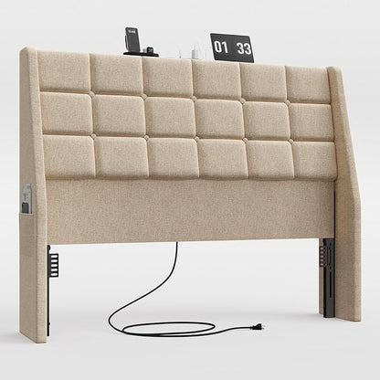 Ergonomic Upholstered Full Size Headboard w/Charging Station, Linen Wingback Headboards w/Storage Pocket, Full Headboard Only, Bed Frame Adapters, Sturdy Solid Wood Bed Head Board, Beige