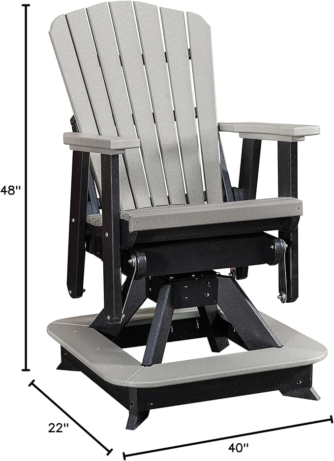 DutchCrafters Slat Fan Back Poly Balcony Adirondack Swivel Glider with Footrest Outdoor Patio Chair (Black & Light Gray)