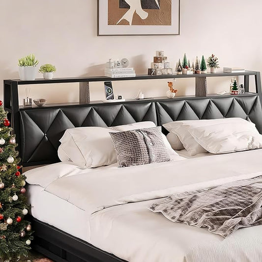 Queen Headboard Only, Headboard for Queen Size Bed with Storage, Upholstered Headboards with LED Lights & Charging Station, Attach Frame, Ideal for Bedroom/Dorm/Guest Room, Black, Faux Leather