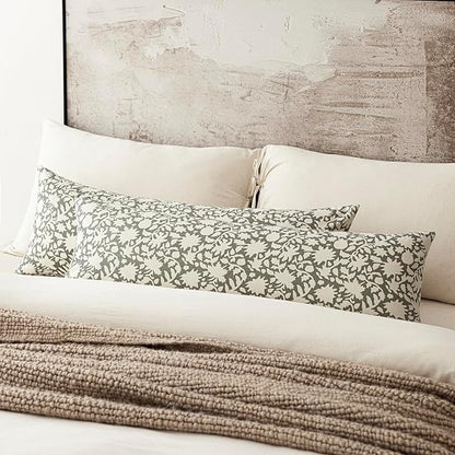 Foindtower Set of 2 Decorative Floral Long Body Lumbar Throw Pillow Covers Accent Farmhouse Cushion Cover Neutral Pillowcase for Couch Sofa Bedroom Living Room Home Decor,14×36 Inch,Sage Green