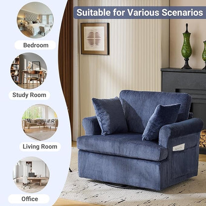 Karl home Swivel Accent Chair Set of 2, 39" Oversized Armchair W/2 Pillows and 4 Pockets,Modern Corduroy Barrel Chairs,Comfy Single Sofa for Living Room,Reading,Bedroom and Office-Dark Blue