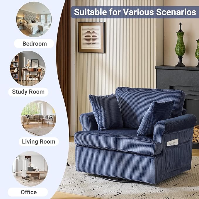 Karl home 39" Swivel Accent Chair,Oversized Seat Armchair W/2 Pillows and 4 Pockets,Modern Upholstered Corduroy Barrel Chair,Comfy Single Sofa for Living Room,Reading,Bedroom and Office-Dark Blue