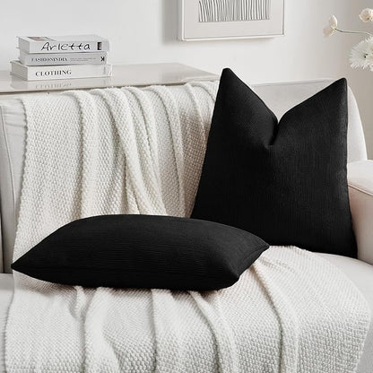 FUTEI Black Chenille Decorative Throw Pillow Covers 26x26 Inch Set of 2,Soft Cozy Striped Geometric Patterns Euro Pillow Shams,Modern Home Decor for Couch Bed Living Room