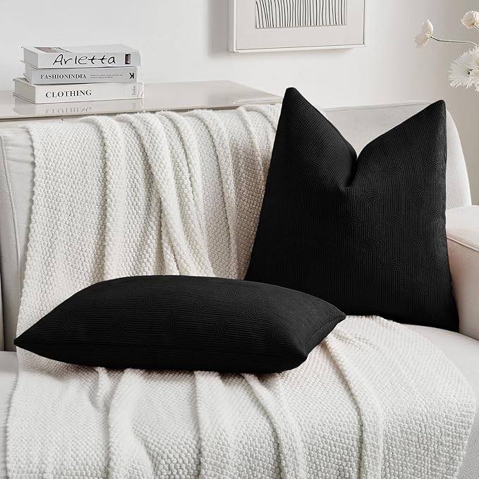 FUTEI Black Chenille Decorative Throw Pillow Covers 12x20 Inch Set of 2,Soft Cozy Striped Geometric Patterns Lumbar Pillow Cases,Modern Home Decor for Couch Bed Living Room