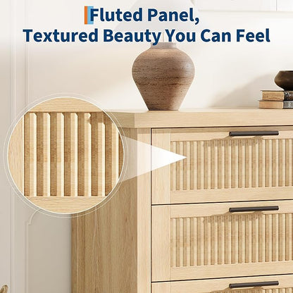 GarveeHome Fluted 6 Drawer Dresser for Bedroom, 47.4 in Wide Mid Century Modern Chest of Drawers, Wooden Fluted Dresser Chest with Clothes Storage Cabinet, Drawer Organizer for Living Room, Natural