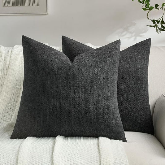 FUTEI Black Chenille Throw Pillow Covers 22x22 Inch Set of 2,Soft Striped & Diamond Textured Cushion Cases,Modern Home Decor for Couch Living Room