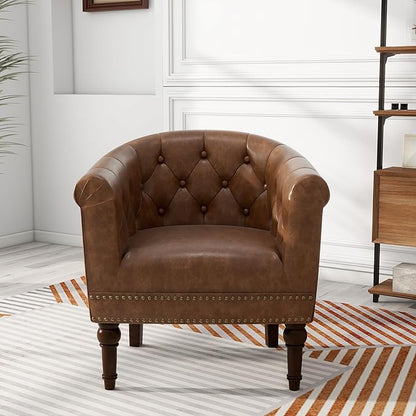 Pia Ricco Faux Leather Barrel Accent Chair, Comfy Club Armchair with Solid Wood Legs, Nailhead Trim Upholstered Single Sofa Chair for Living Room Bedroom/Reading Room, Tan