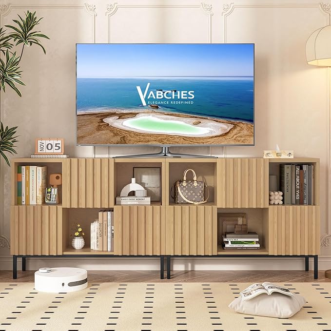 Vabches Fluted Short Bookcase, 6 Cube Storage Organizer with Doors, Modern 2-Tier Open Bookshelf for Home and Office, Wood Floor Standing Display Cabinet Rack, Natural