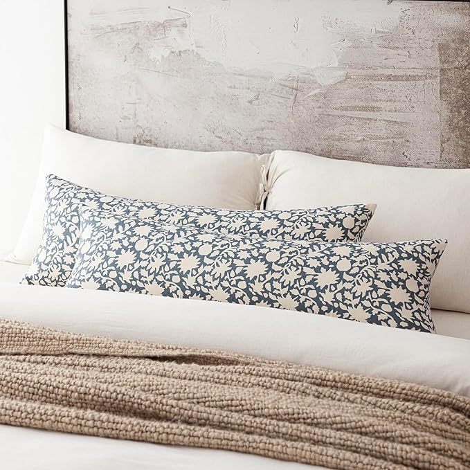 Foindtower Set of 2 Decorative Long Body Lumbar Throw Pillow Covers Accent Farmhouse Cushion Cover Neutral Floral Pillowcase for Couch Sofa Bedroom Living Room Home Decor,14×36 Inch,Dusty Blue