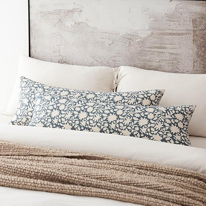 Foindtower Set of 2 Decorative Long Body Lumbar Throw Pillow Covers Accent Farmhouse Cushion Cover Neutral Floral Pillowcase for Couch Sofa Bedroom Living Room Home Decor,14×36 Inch,Dusty Blue
