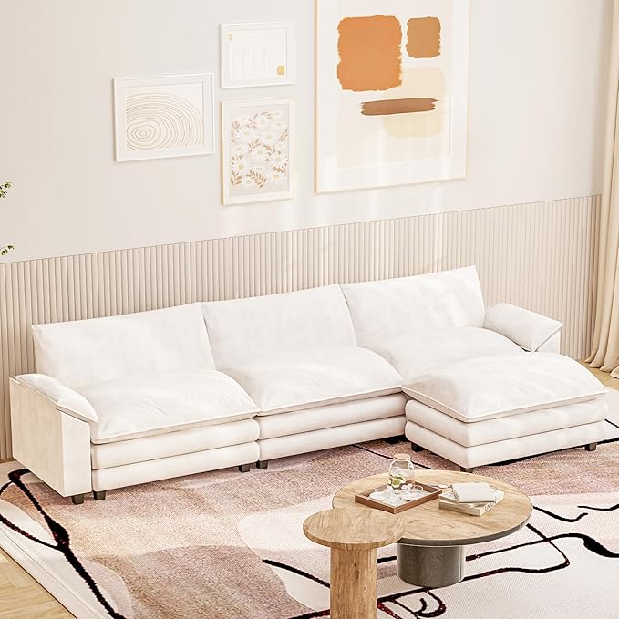 Furniwell Modular Sectional Sofa with Moveable Ottoman, Oversized 3-Seater Couch with Supportive Backrest, Chenille Convertible Sofa Couches for Living Room/Apartment (Whtie, L Shaped)