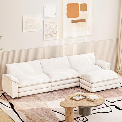 Furniwell Modular Sectional Sofa with Moveable Ottoman, Oversized 3-Seater Couch with Supportive Backrest, Chenille Convertible Sofa Couches for Living Room/Apartment (Whtie, L Shaped)