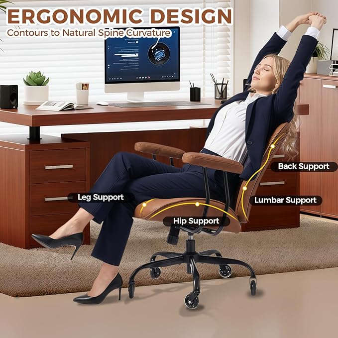 BEWISHOME Ergonomic Home Office Chair, Mid-Century Modern Brown Leather Desk Chair with Robber Casters Lumbar Support Adjustable Height Rolling Swivel Chair Executive Task Armrests BBY01Z
