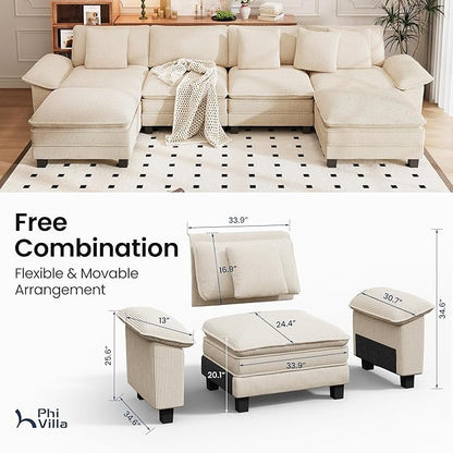 PHI VILLA Cloud Modular Couch Sets, 157.5" Sectional Sofa with U-Shaped Chaise, 6-Seater Couches with Movable Ottomans for Living Room, Corduroy Fabric, Beige