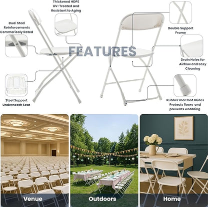 BTEXPERT Set of 6, Indoor Outdoor White Plastic Folding Chairs Stacking Steel Frame Commercial 650LB Weight Capacity Seating Home Yard Garden Wedding Event Party Picnic Dining Church School Portable