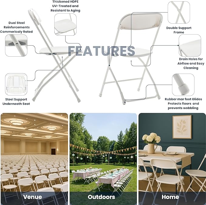 BTEXPERT® Set of 2 Pack, White Plastic Folding Chair Steel Frame Commercial High Capacity Event Chair Lightweight Set for Office Wedding Party Picnic Kitchen Dining Church School