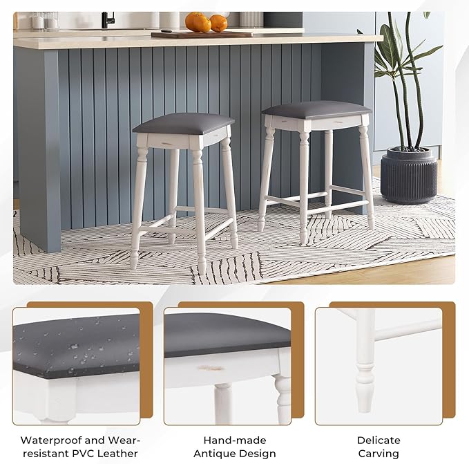 COSTWAY Upholstered Bar Stools Set of 2, 24-Inch Backless Counter Height Dining Stools with Delicate Wood Carving, Footrest, Solid Rubber Wood Frame, Farmhouse BarStools for Kitchen Island Bar, White