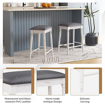 COSTWAY Upholstered Bar Stools Set of 2, 24-Inch Backless Counter Height Dining Stools with Delicate Wood Carving, Footrest, Solid Rubber Wood Frame, Farmhouse BarStools for Kitchen Island Bar, White