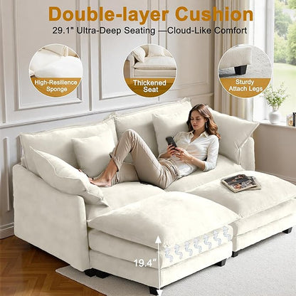 Expandable L-Shaped Sectional Sofa with Ottoman for Apartments, 77" Cloud Chenille Sofa, Create a U-Shape Layout with Optional 2nd Ottoman, Solid Wood Frame, Easy Assembly