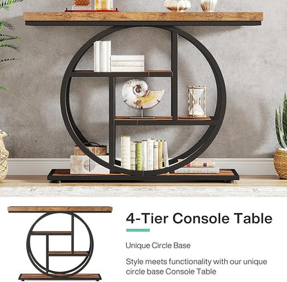 Tribesigns 41.3" Console Table, Industrial 4-Tier Sofa Table Entryway Table with Circle Base, Narrow Wood Accent Tables with Storage Shelves for Living Room, Hallway, Foyer, Rustic Brown