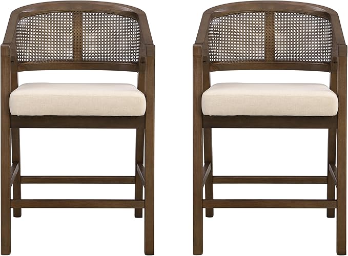Christopher Knight Home Set of 2 Morley Tropical Wooden Counter Stool,Dining Room/Kitchen Island Barstool with footrest, Curved Backrest,Wicker/Cane Accents,Soft Removable Cushions, Beige+Walnut