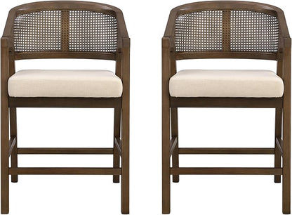 Christopher Knight Home Set of 2 Morley Tropical Wooden Counter Stool,Dining Room/Kitchen Island Barstool with footrest, Curved Backrest,Wicker/Cane Accents,Soft Removable Cushions, Beige+Walnut