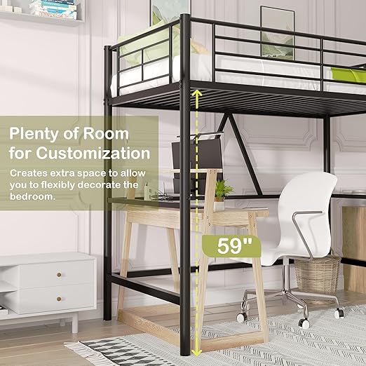 VECELO Metal Loft Bed Twin Size, Heavy Duty Bedframe with Removable Ladder and Safety Guardrail, Space-Saving, Noise Free, No Box Spring Needed, Black