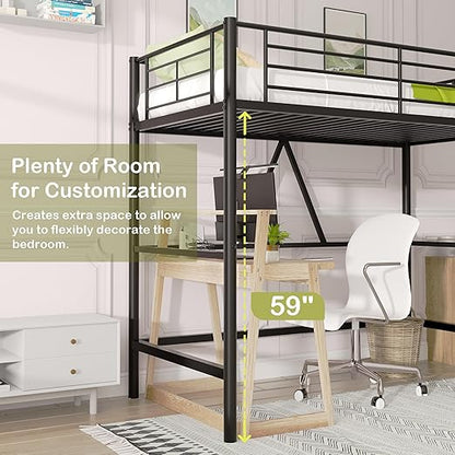 VECELO Metal Loft Bed Twin Size, Heavy Duty Bedframe with Removable Ladder and Safety Guardrail, Space-Saving, Noise Free, No Box Spring Needed, Matte Black