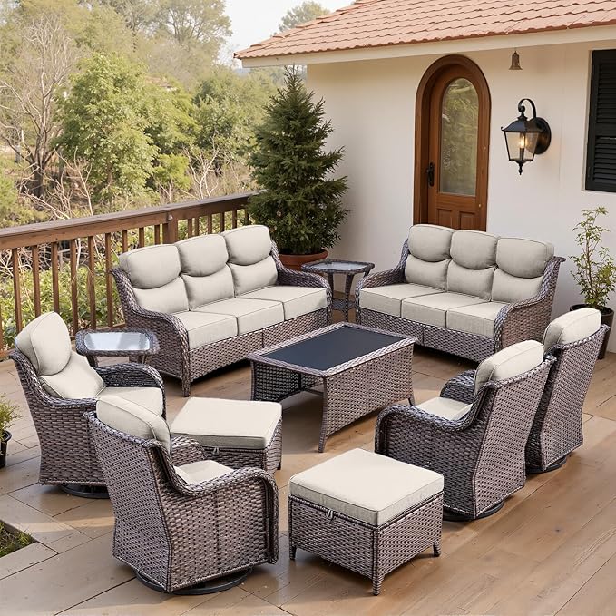 Belord Luxury 6" Thick Cushioned 11 Pieces Patio Furniture Set with Outdoor Couch, Wicker Outdoor Conversation Set with High Back Swivel Rocker Chairs for Deck Porch Yard and Poolside - Brown+Beige